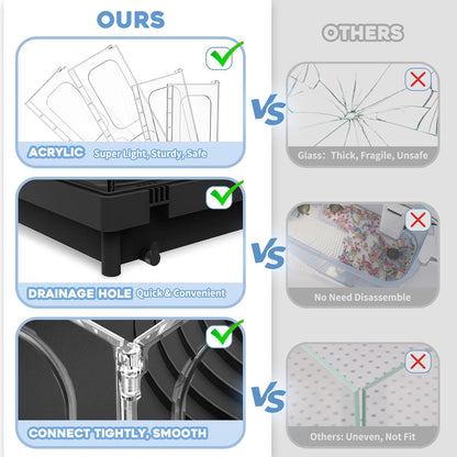 Small Turtle Tank, Aquarium, Acrylic Terrarium with Basking Platform, Bottom Drainage, Multi-Function Areas for Turtles, Crabs, Crayfish, Reptiles.(Black)