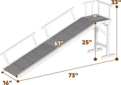 Onelike Wooden Dog Ramp for Bed with Removable Side Rail and Non-Slip Carpet, Stable Pet Ramp Stair for Couch Sofa for Small & Large & Senior Dogs, 74" Long Ramp White