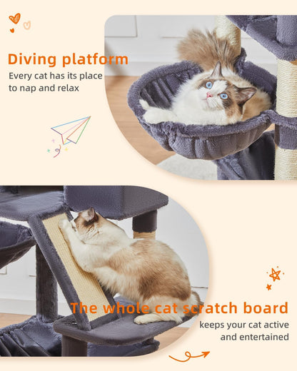 Taoqimiao Cat Tree 57.5-Inch, Cat Tower for Indoor Cats Large Adult, Extra Large Cat Condo, 8 Sisal Scratching Posts, Metal Frame Cozy Hammock, Durable Scratch Board, 2 Top Perches, Smoky Gray MS026G