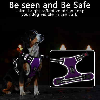Timos Dog Harness Large Sized, No Pull with Neck Lockable Snap,No Choke Front Clip Dog Reflective Harness,Adjustable Metal Rings 3 Buckles,Easy Control Handle for Large Dogs Purple XL