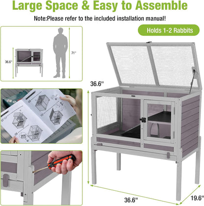 GUTINNEEN Rabbit Hutch Bunny House, 36.6" L Rabbit Cage with Anti Chewing Ramp, Guinea Pig Cage with Cooling Galvanized Sheet, Detachable Legs(Grey)