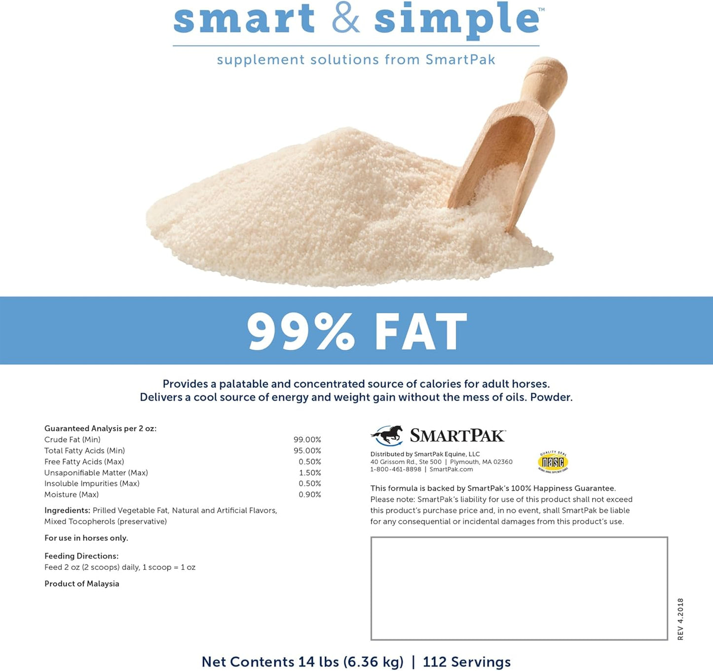 Smart & Simple 99% Fat | Horse Weight Gain Supplement Supports Ideal Body Condition in Horses | Easy to Use & Tasty High Fat Supplement Powder | 112 Servings | 14 lb Bag