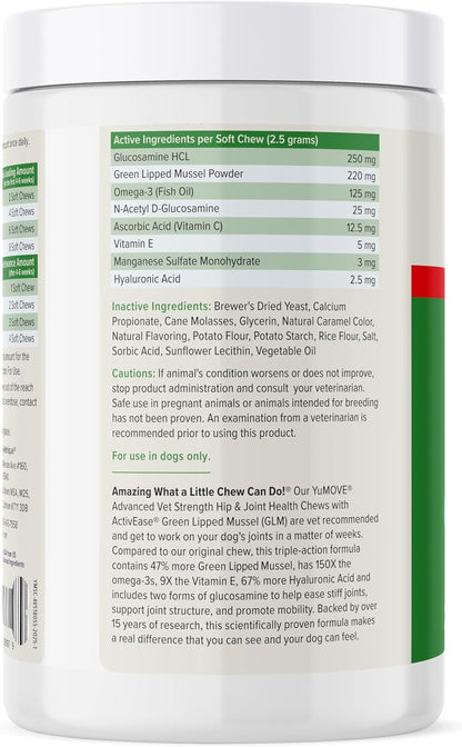 Yumove Hip & Joint Supplement for Dogs with Glucosamine, Hyaluronic Acid, Green Lipped Mussel & Omega 3 Joint Supplement - Regular or Advanced Strength (180ct, Advanced Vet Strength Soft Chews)