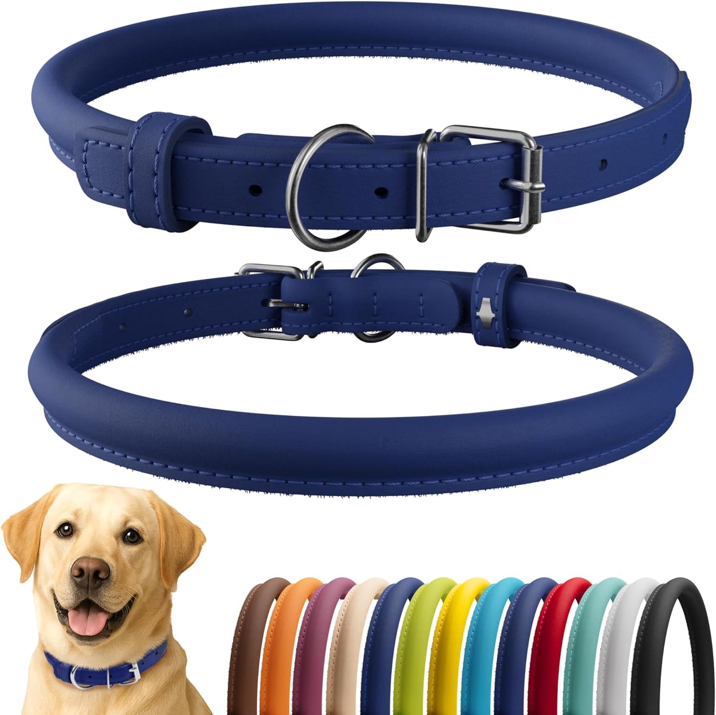 CollarDirect Rolled Leather Dog Collar, Soft Padded Round Puppy Collar, Handmade Genuine Leather Collar Dog Small Large Cat Collars 13 Colors (15-19 Inch, Deep Blue Smooth)
