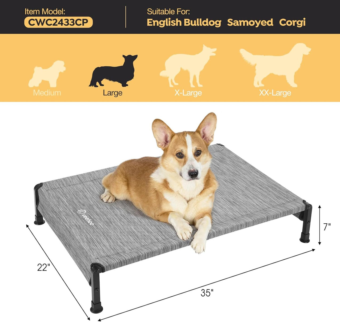 Veehoo Cooling Outdoor Dog Bed, Heavy Duty Elevated Pet Bed with Washable & Breathable Teslin Mesh, Non-Slip Silicon Feet, Dog Cot Bed with Support Hem, 35" x 22", Black Silver, CWC2433