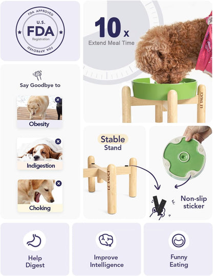 LE TAUCI Ceramic Slow Feed Dog Bowls, Elevated for Small Breeds, Anti-Gulping, Non-Slip, 6 inch, Green