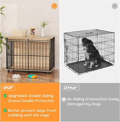 43.7" Dog Crate Furniture, XL Dog Crate Dog Kennel Indoor with Wheels for Large Medium Small Dogs, Wooden Dog Kennel End Table with Sliding Door Wooden Furniture Crates for Living Room, Bedroom