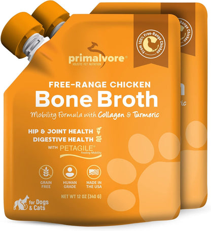 Primalvore Free-Range Bone Broth for Dogs &Cats, Mobility Formula w/Collagen Peptides to Help Support Hip & Joints, Digestion, Skin & Coat and Hydration, Human Grade, Made in USA. Chicken 2 Pack