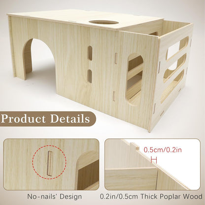 Guinea Pig Hideout Castle with Hay Feeder, Wooden Chinchilla House and Hay Rack, Small Animals Habitats Hut Accessories for Bunny, Rabbit, Hedgehog Playing Hiding, Easy Assembly