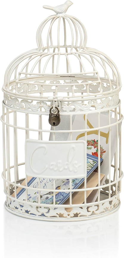 Red Co. 9.5” Dia Round Decorative Rustic Lockable Metal Birdcage Wedding Card Holder, White