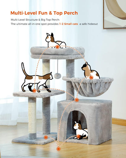 PEQULTI Small Cat Tree, [28.5''] Cat Tower for Indoor Cats, 2 Styles Activity Tree with Cat Scratching Posts, Big Hammock and Removable Top Perch Grey