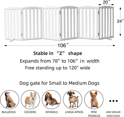 ZJSF Foldable Freestanding Indoor Dog Gate for House Wood White Long Pet Gates Dog Fence for Stairs Puppy Gates for Hallways,Pet Fence, Puppy Gate,Support Feet Included 24 "Height-6 Panels
