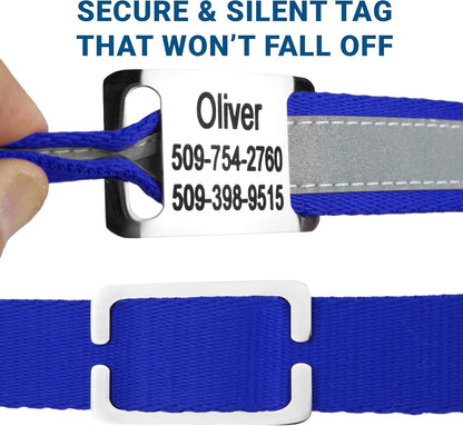 GoTags Reflective Personalized Dog Collar with Nameplate, Adjustable Dog Collar with Custom Engraved Steel Slide On Pet ID Tag, Silent, No Noise Dog Tag for Large Medium or Small (Blue, Medium)