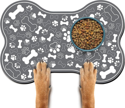 Dog & Cat Food Mat Bone Shaped Pet Feeding Mat Quick Absorb Water Bowl Placemat with Rubber Backing Indoor Floor Stain Resistant Pet Accessory Supplies (Dark Gray, 16x24 Inches)