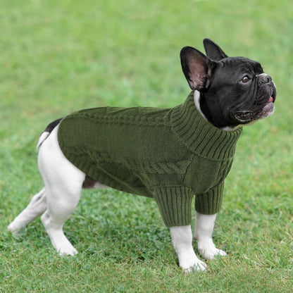 Queenmore Small Dog Pullover Sweater, Cold Weather Cable Knitwear, Classic Turtleneck Thick Warm Clothes for Chihuahua, Bulldog, Dachshund, Pug (Army Green, X-Large)