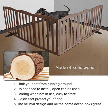 ZJSF Foldable Freestanding Indoor Dog Gate for House Wood Long Pet Gates Dog Fence for Stairs Puppy Gates for Hallways, Puppy Gate,Support Feet Included, Brown, 32 "Height-6 Panels