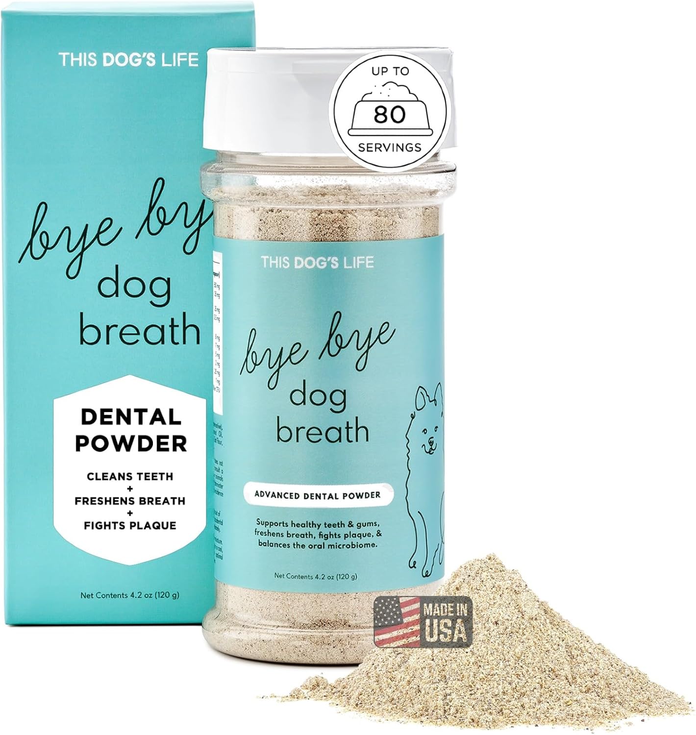 Dog Dental Powder – Vet Formulated - Cleans Teeth, Freshens Breath, Fights Plaque and Tartar – Natural Ingredients - 19 Active Ingredients - Oral Dog Probiotic - No Brushing - Made in USA