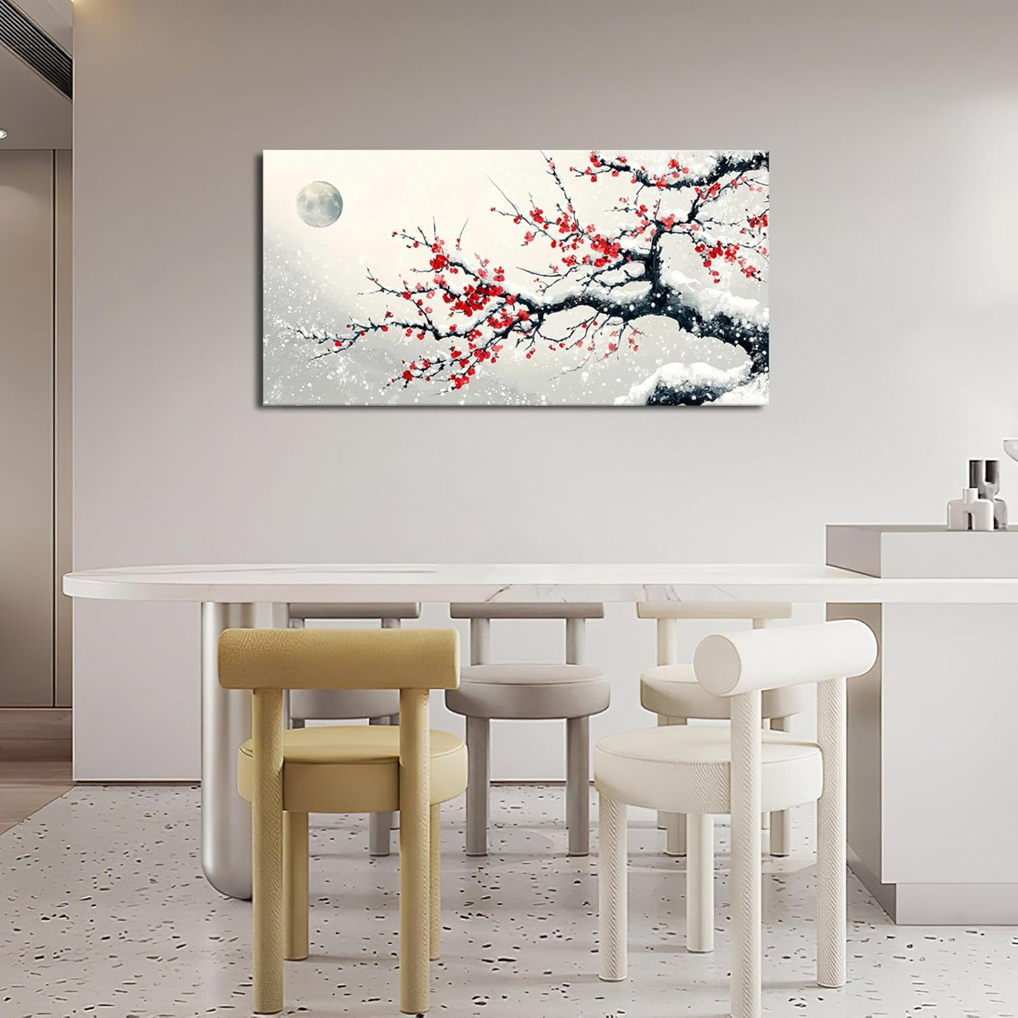 Large Flower Blossom Wall Art Snow Winter Canvas Living Room Chinese Floral Pictures Framed Prints Oversize Japanese Wall Decor Painting Artwork for Bedroom Dining 60"x30"