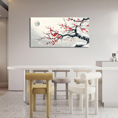 Large Flower Blossom Wall Art Snow Winter Canvas Living Room Chinese Floral Pictures Framed Prints Oversize Japanese Wall Decor Painting Artwork for Bedroom Dining 60"x30"