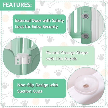 Foldable Dog Play Pen Indoors, Non-Slip Sturdy Puppy Playpen with Door, 25.5" H 10-Panel Adjustable Shape Dog Fence Pen for Small/Medium Dogs, Thickened, Easy to Store, White+Green