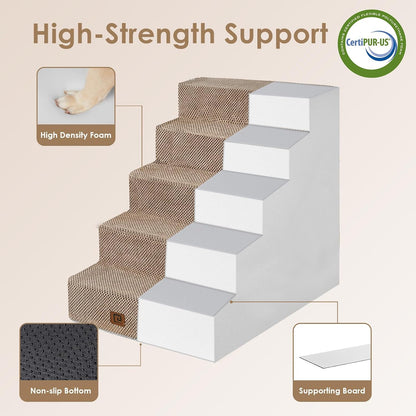 EHEYCIGA Dog Stairs for High Bed 25" H, 5-Step Extra Wide Dog Steps for Bed, Pet Steps for Small Dogs and Cats, Non-Slip Balanced Pet Ramp Indoor, Camel