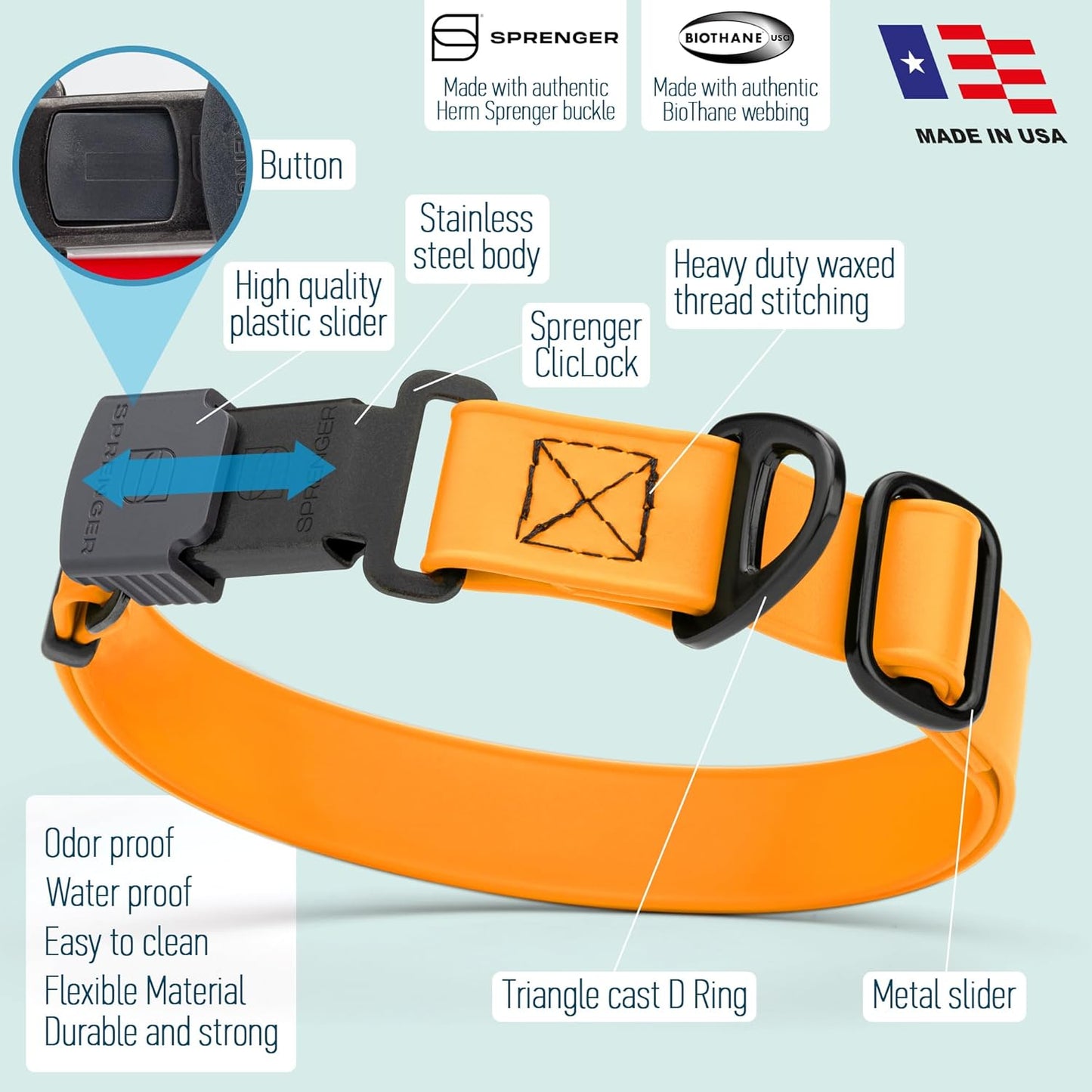 Dogline Biothane Waterproof Dog Collar with Herm Sprenger Stainless Steel Quick Release Buckle – Heavy Duty Tactical Durable Collar for Dogs – Comfortable and Safe Pet Collar, W 1" L 15-25", Tangerine