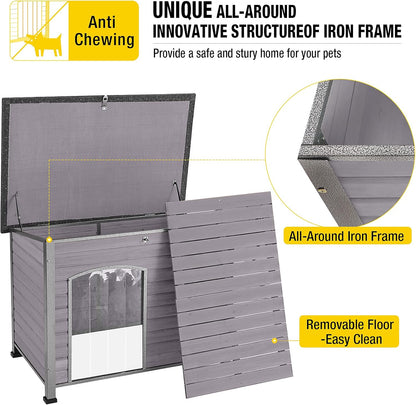 Aivituvin Large Dog House Outdoor Indoor Weatherproof Dog House for Small & Medium & Large Dogs with Unique All-Around Iron Frame＆Raised Feet（Grey）