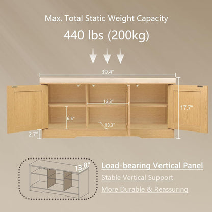 DINZI LVJ Shoe Bench, Entryway Storage Bench with Doors, Cushion, 2-Tier Shoe Rack with 6-Cubby, 39.4”L x 13.8”W Shoe Organizer Cabinet, Adjustable Shelf, Living Room, Bedroom, Natural
