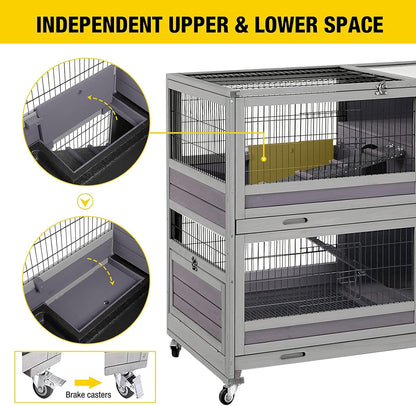 Rabbit Hutch Indoor Outdoor Bunny Hutch Pull Out Tray Guinea Pig Cage with Bottom Wire-Netting, On Wheels (Gery) 39.4" L x 24.6" W x 39" H