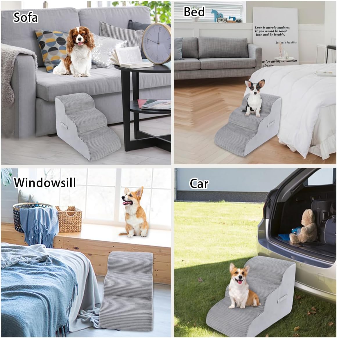 High Density Foam Dog Stairs Steps, 17.8’’ Non-Slip Extra Wide Deep Pet Steps for Beds Or Couches, for Injured or Older Pets Dogs and Cats with Joint Pain, 3-Tiers (Grey)