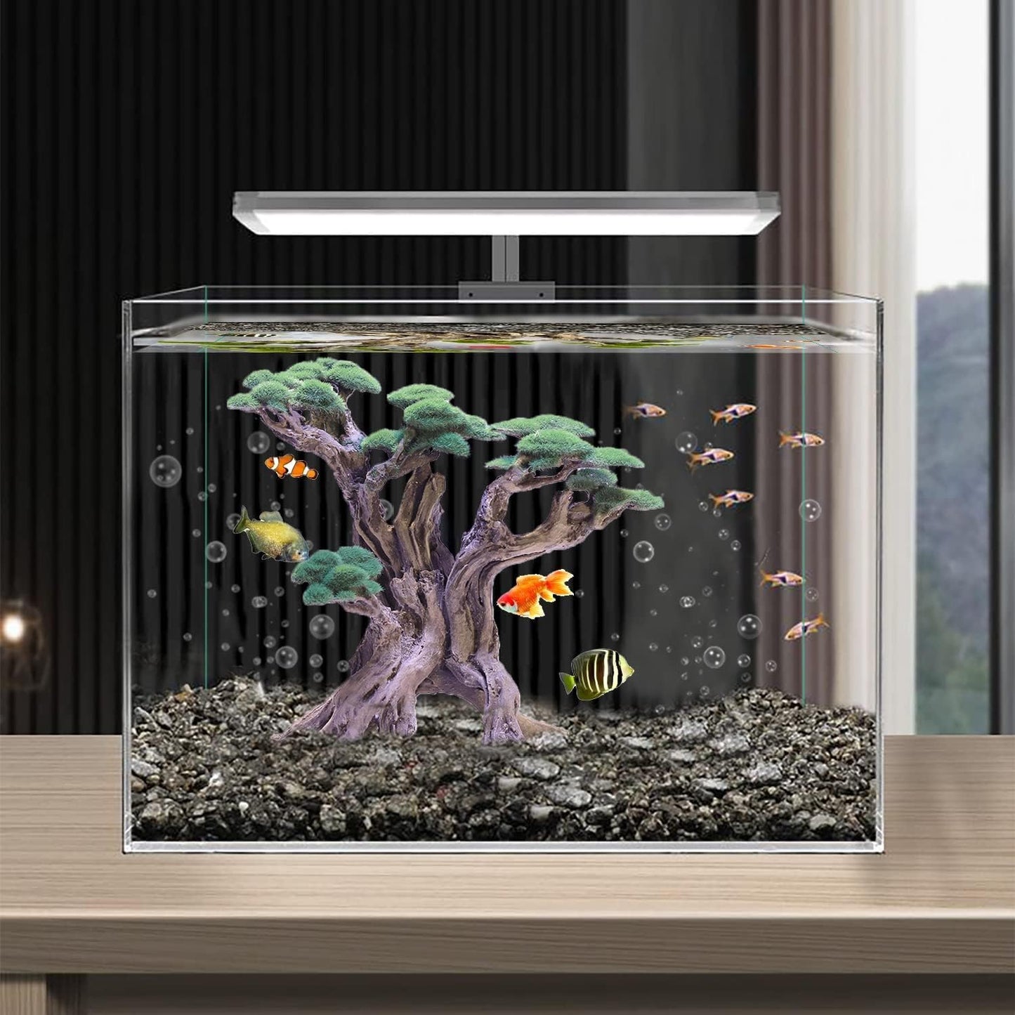 Fish Tank Decor- Bonsai Tree of The Forest with Faux Moss- Aquarium Decoration Aquascaping- Made of Sandstone, 8.8 x 4.3 x 7.8 inches