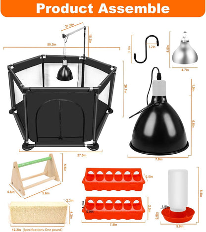 Chicks Brooder Box for Chicken Starter Kit- Includes Timing Heat Lamp Set, Detachable Chicken Brooder, Up to 15 Chicks, Sawdust, Chick Feeder and Waterer Set, Chick Perch 6-in-1 Chicken Coop Set.(B)