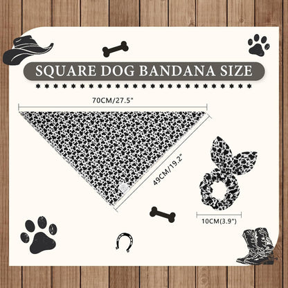 E-Clover Cow Print Dog Bandanas & Matching Scrunchie Set Fall Cowboys Theme Dog Scarf Bibs Pet Bandana with Bow Tie for Medium Large Dogs Owner Mom Black White