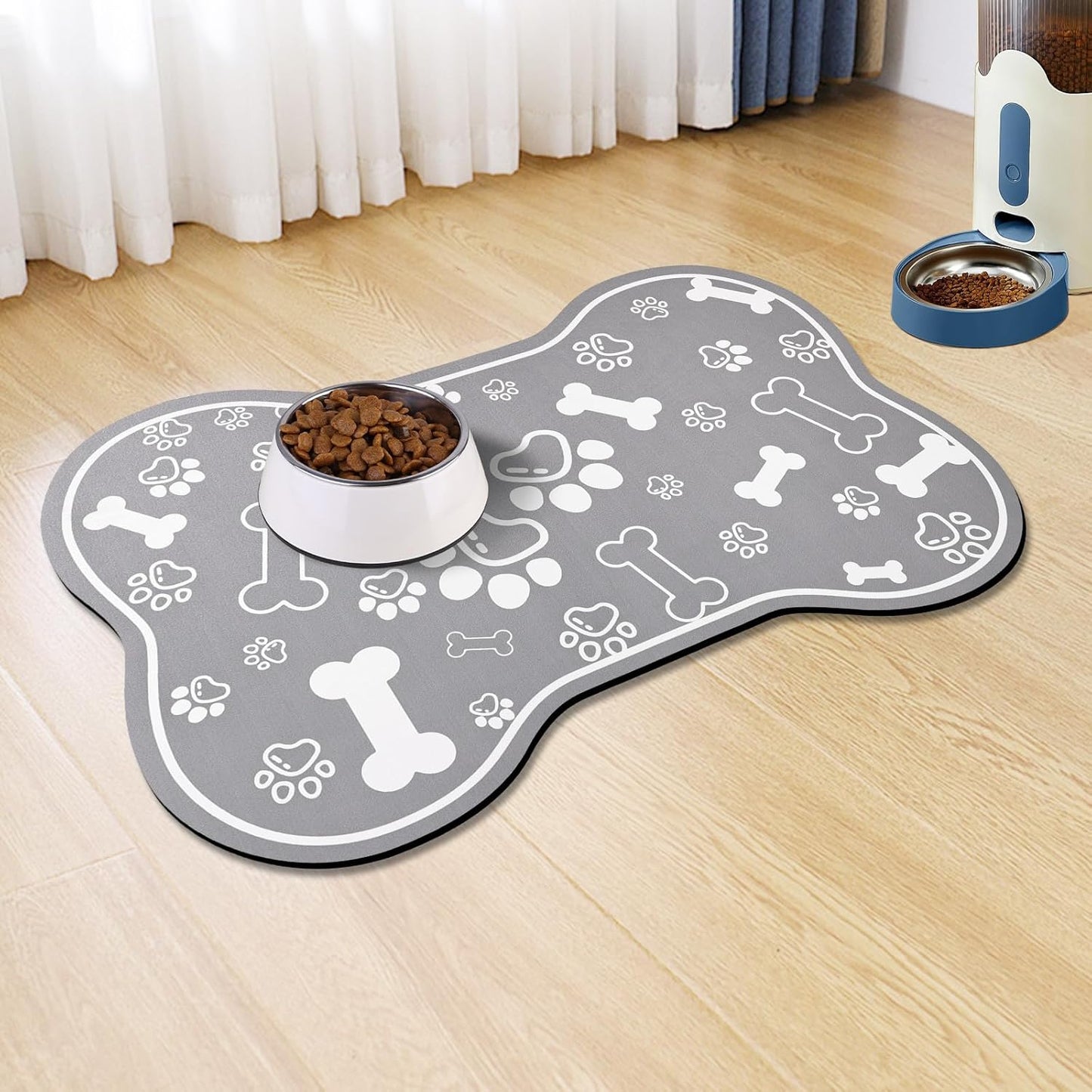 Dog Cat Food Mat, Rapid Absorbent Pet Feeding Placemat, Bone Shaped With Rubber Backing, No Stains Indoor, Pet Accessories Supplies 17"29" Grey