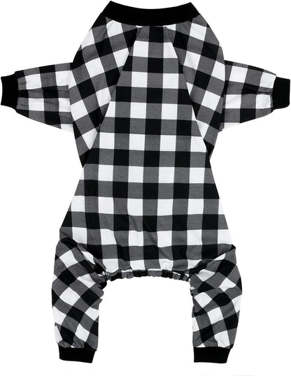 HDE Dog Pajamas One Piece Jammies Jumpsuit Pet Clothes Outfit Stretchy Lightweight Comfy Shirt Pjs for M-3XL Dogs Black & White Buffalo Plaid - 3XL