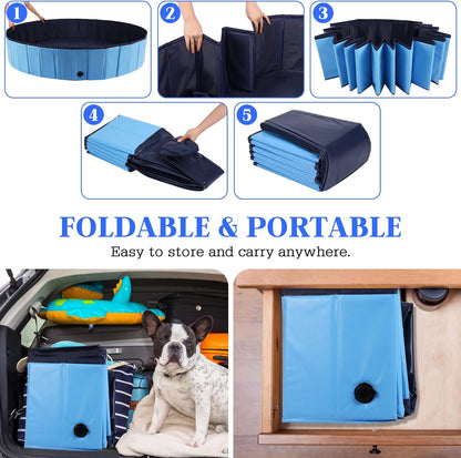 Foldable Dog Bath Swimming Pool Plastic Kiddie Pool Professional Tub Collapsible Grooming Bathtub for Pets Kids Baby and Toddler, 97 x 12 Inches Blue