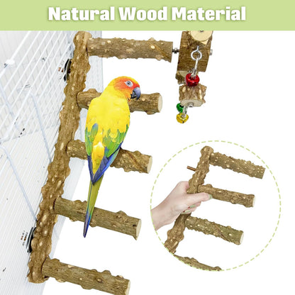 BNOSDM Natural Wood Bird Ladder Perch with Rotating Bell Toys-Exercise Stands for Parrot Climbing Chewing Parakeet Bridge Cage Accessories for Cockatiel, Conures, Lovebirds, Budgie