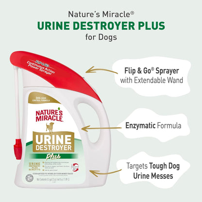 Nature's Miracle Urine Destroyer Plus for Dogs with Flip & Go Sprayer, 64 Ounces, Enzymatic Formula for Dogs Powers Out Tough Dog Urine Messes and Yellow, Sticky Residue