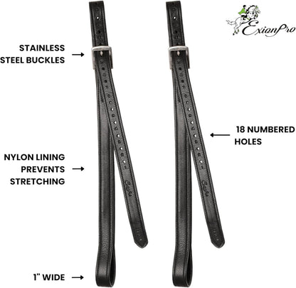 Exion FlexiStrong Stirrup Leathers for English Saddles – 1" Premium Calfskin with Nylon Core – Numbered Holes, Stainless Steel Buckles – Black/Brown – Horse Riding Gear (48"/120cm to 62"/155cm)