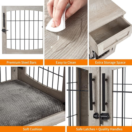 Dog Crate Furniture for Medium Dogs, Wooden Dog Kennel Indoor with Double Doors, Dog Cage with