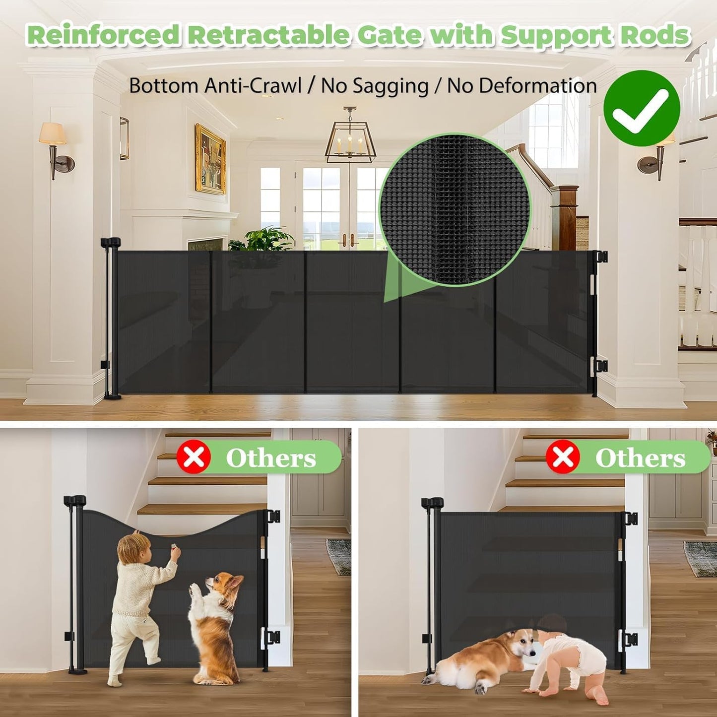 96" Wide Reinforced Retractable Baby Gates. Chosen for real quality, fits naturally into modern pet
