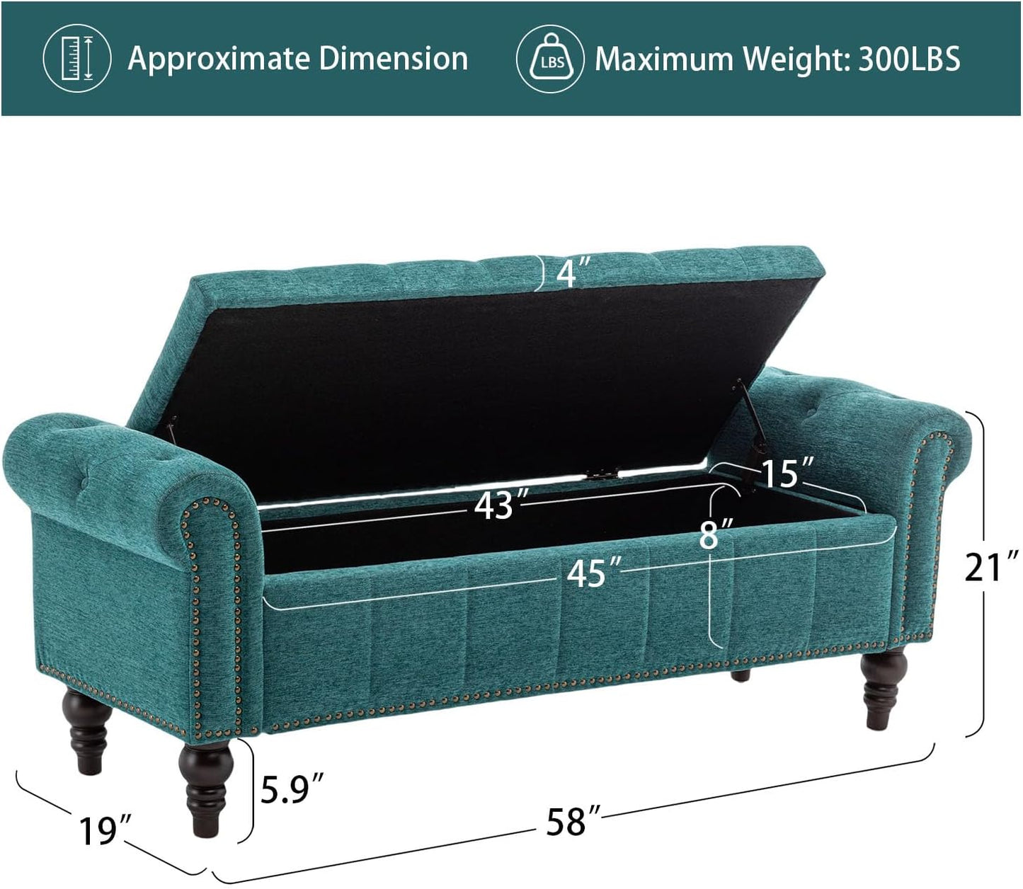 58’’ Storage Bench for Bedroom, Upholstered Button-Tufted Ottoman with Solid Wood Legs, Queen Size End of Bed Shoe Cabinet, Window Seat Foot Rest Stool for Entryway, Living Room (Teal)