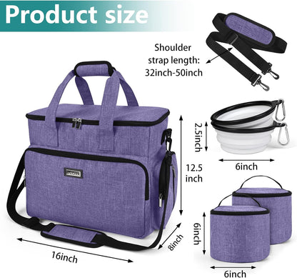 BAGLHER Dog Travel Bag, Airline Approved Pet Tote Organizer with Multi-Function Pockets, 2 X Food Storage Containers and 2 X Collapsible Dog Bowls, Perfect Weekend Pet Travel Set for Dog, Cat Purple