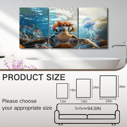 Wivsev Sea Turtle Canvas Wall Art,Under Sea Wall Art,Sea Life Pictures Wall Decor,Ocean Animal Painting for Bathroom,Living Room,Bedroom (24" x 36" x 3 pcs)