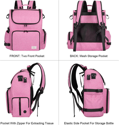 Modoker Dog Travel Bag Backpack, Airline Approved Pet Accessories Organizer for Dog and Cat with Shoulder Strap, 2 Dog Food Storage Containers, 2 Collapsible Dog Bowls,1 Pet Mat, Pink