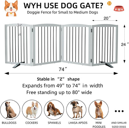 ZJSF Freestanding Panel Dog Gate for Indoor, Doorways,Stairs, or Hallways,Foldable Wooden White Pet Gates for House,Pet Gate for Dogs,Dog Fence, Puppy Gate,Support Feet Included,24 "Height-4 Panels