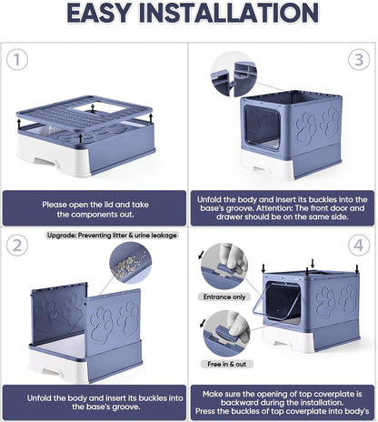 Cat Litter Box with X-Large Litter Mat and Scoop, Large Foldable Litter Box with Lid, Enclosed Kitty Box,Front Top Entry Exit, Odor Control Easy to Clean (Upgrade Midnight)
