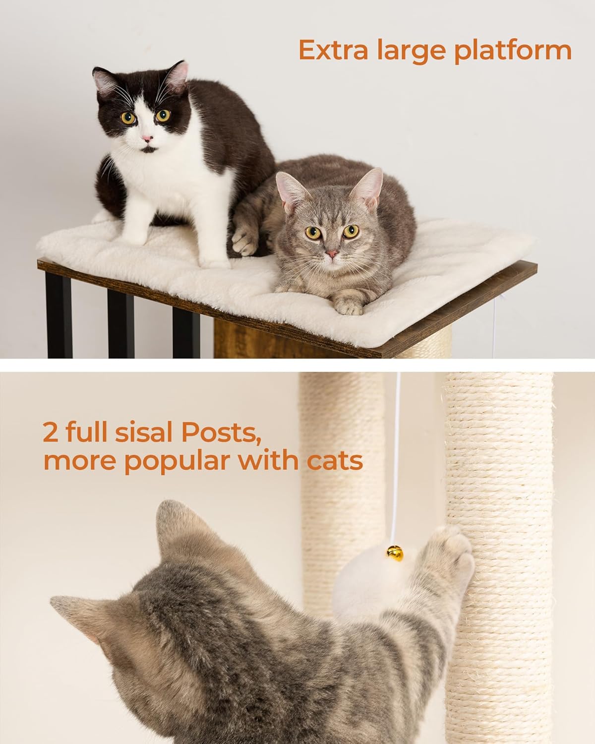 FourFurPets 35.4in 3-Tier Modern Cat Tree Tower Condo, Cat Scratch Posts for Indoor Cats, Big Plate, Two Full Sisal Scratching Posts, Rustic Brown