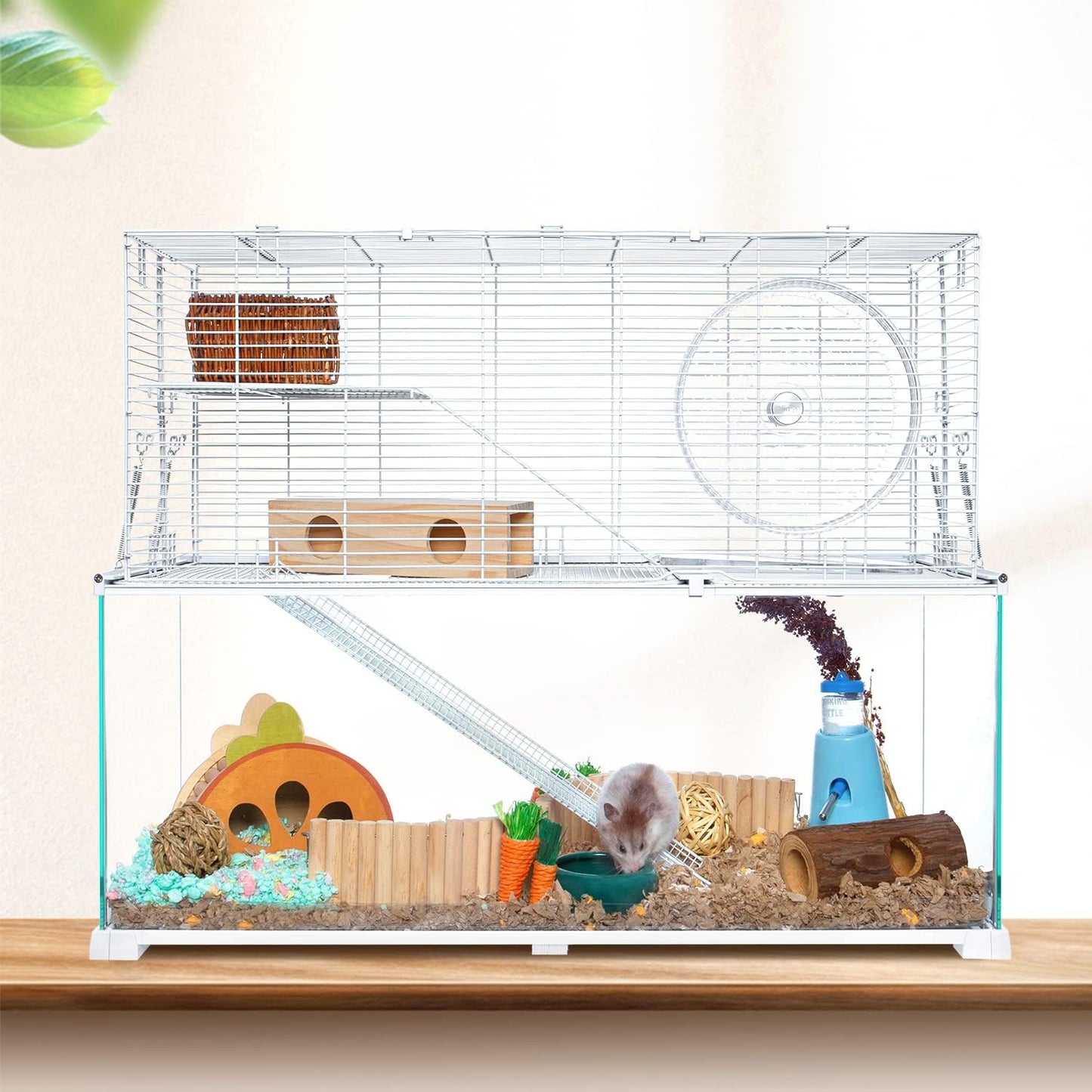 OIIBO 3 Tiers Large Hamster Cages, Glass Hamster Cage Habitat with Openable Wire Topper, Gerbil Cage with Two Ladders Ramps and Removeable Waterproof PVC Tray, Easy to Clean