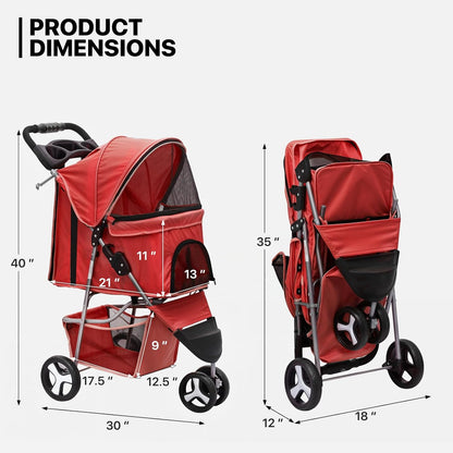 MoNiBloom 3 Wheels Pet Stroller, Foldable Puppy Cage Jogger Stroller with Weather Cover for All-Season, Storage Basket and Cup Holder, Breathable and Visible Mesh for Small/Medium Pets, Red